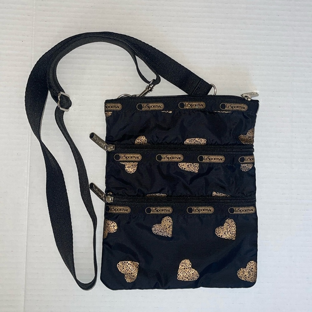 LeSportSac Triple Zipper Cross Body Purse Gold Hearts Nylon